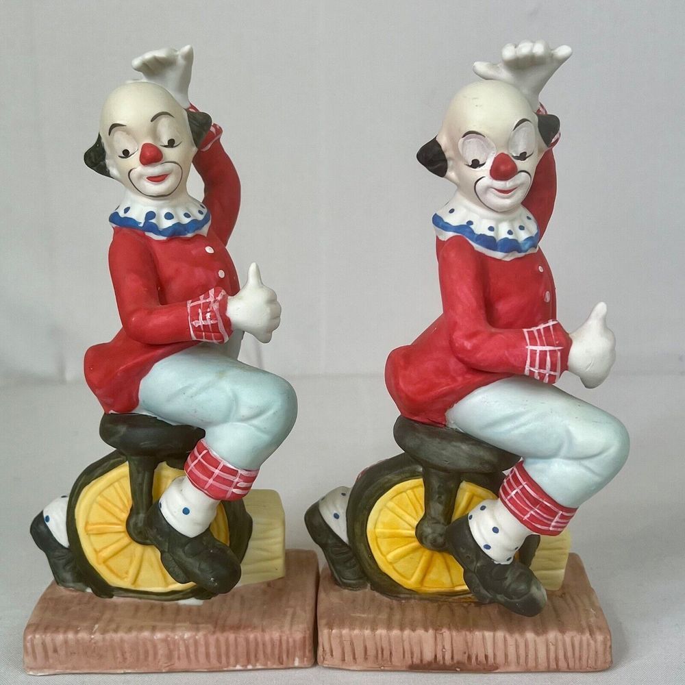 Pair‎ of Vintage Toscany Circus Clown Riding A Unicycle Figurine  8" Tall